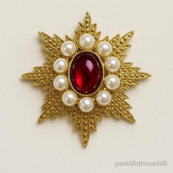 Vintage Ruby & Pearl Starburst Brooch – Quiet Luxury Holiday Statement Pin - Picture 10 of 10